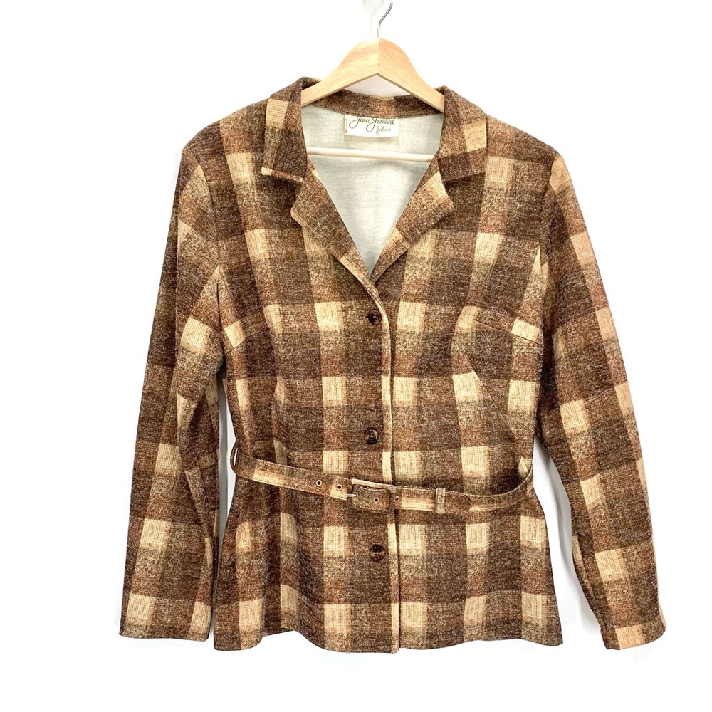 Vintage 70’s Jean Jerrand Fashions Brown Plaid Belted Jacket Blazer Size Medium